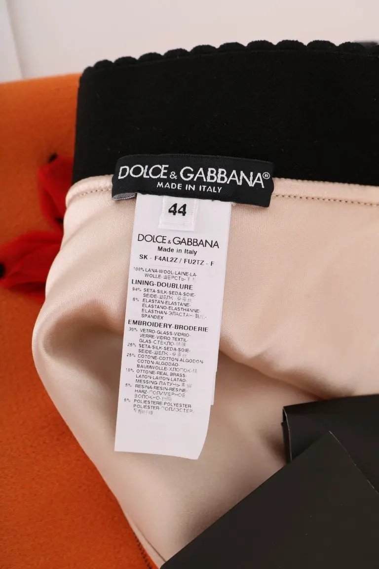 Dolce & Gabbana Orange Wool Crystal Sequin Appliques Skirt by Dolce & Gabbana