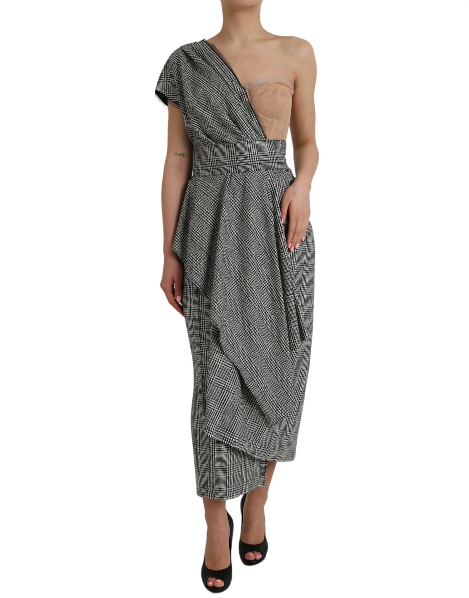 Dolce & Gabbana Gray Beige Layered One Shoulder Maxi Dress by Dolce & Gabbana