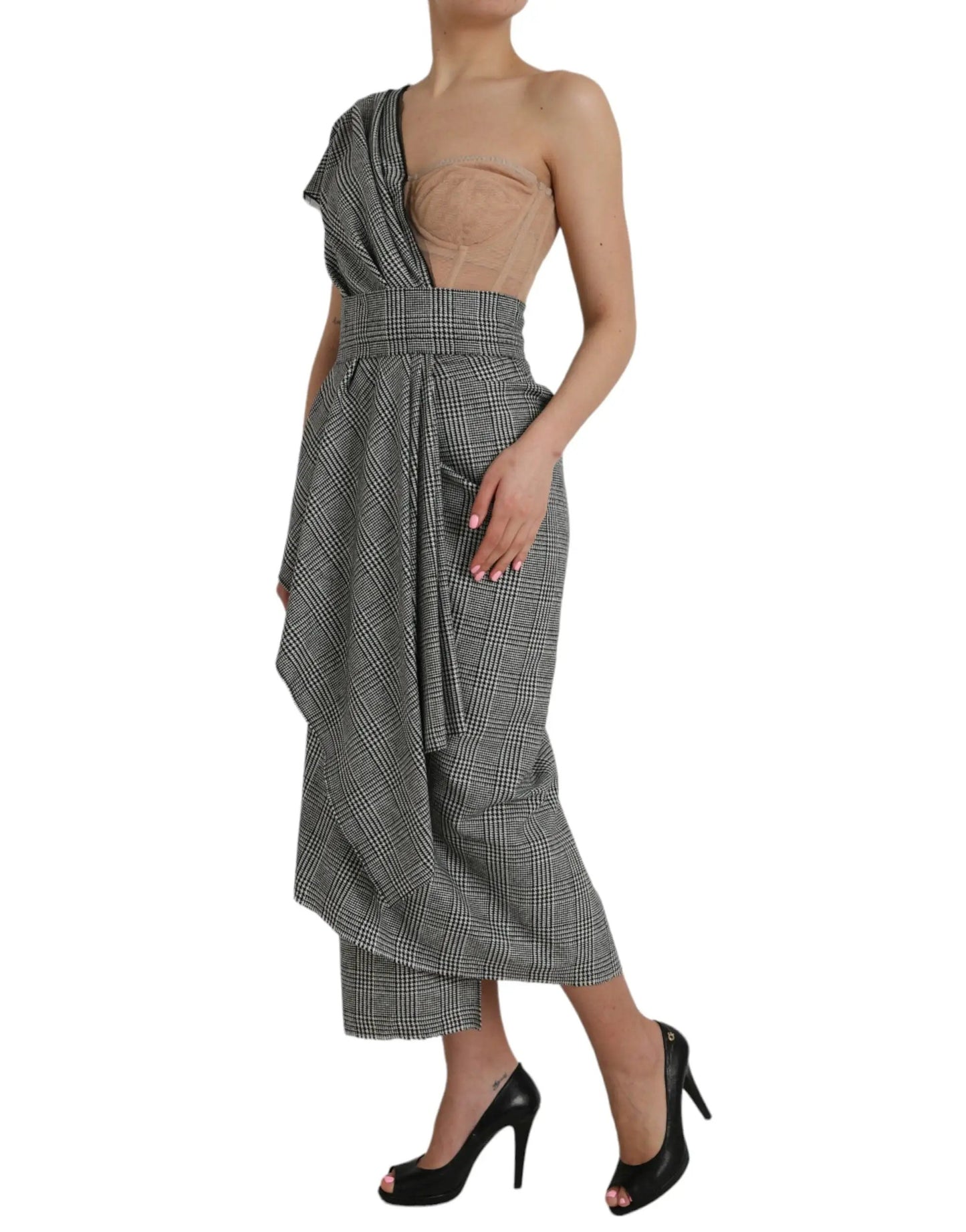 Dolce & Gabbana Gray Beige Layered One Shoulder Maxi Dress by Dolce & Gabbana