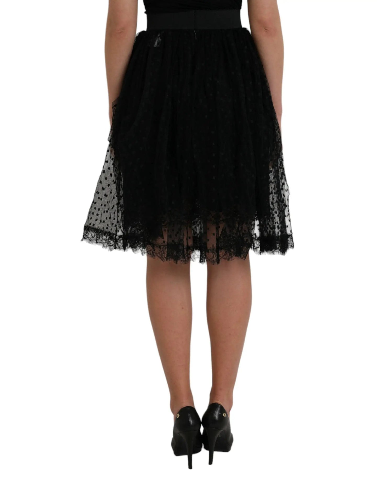 Dolce & Gabbana Black Nylon Lace Trim High Waist A-line Skirt by Dolce & Gabbana