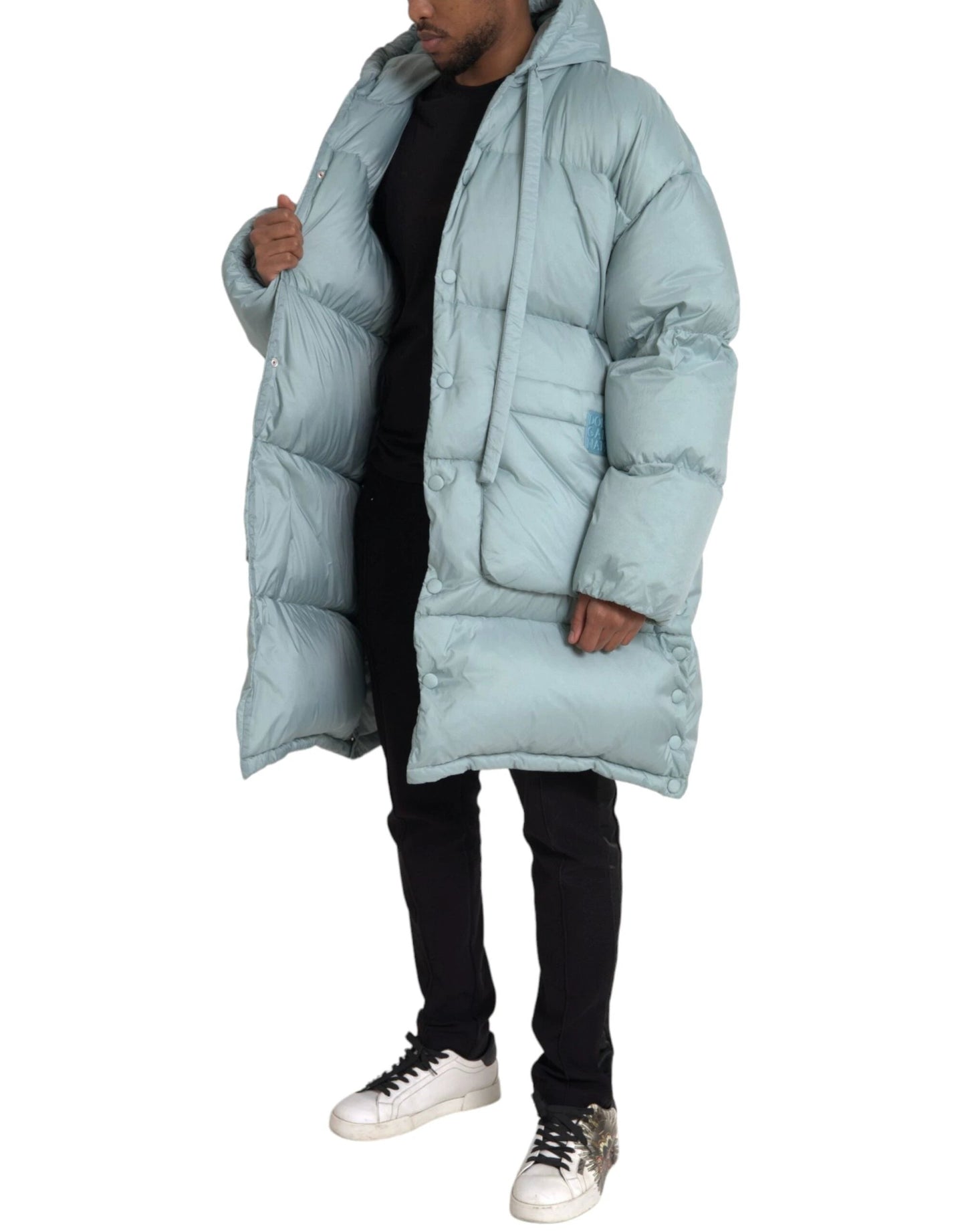 Dolce & Gabbana Light Blue Quilted Hooded Puffer Jacket Men by Dolce & Gabbana