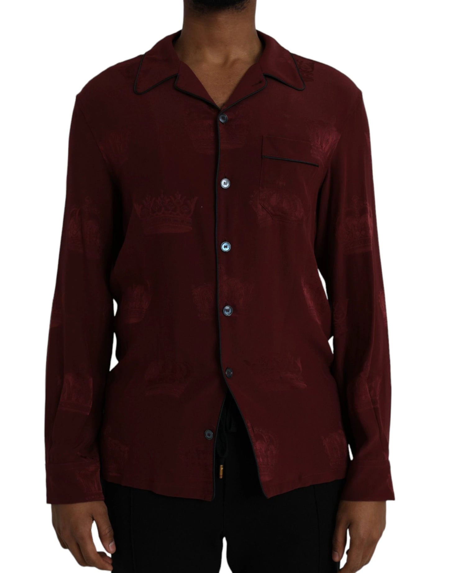 Dolce & Gabbana Maroon Crown Jacquard Silk Long Sleeve Shirt by Dolce & Gabbana