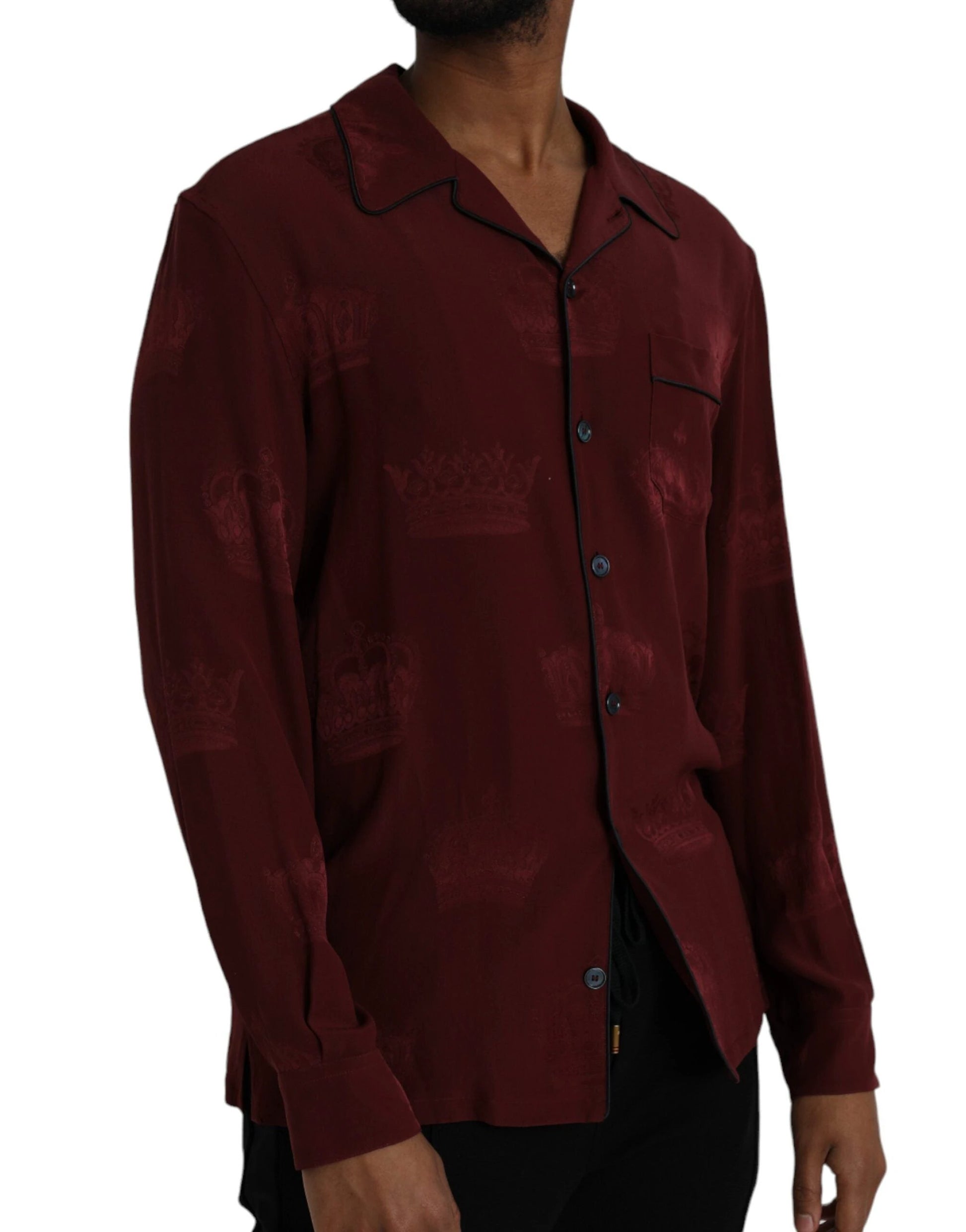 Dolce & Gabbana Maroon Crown Jacquard Silk Long Sleeve Shirt by Dolce & Gabbana