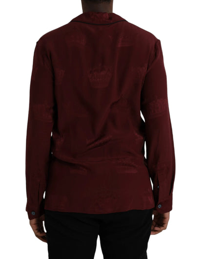 Dolce & Gabbana Maroon Crown Jacquard Silk Long Sleeve Shirt by Dolce & Gabbana