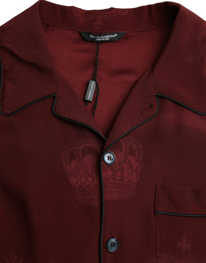 Dolce & Gabbana Maroon Crown Jacquard Silk Long Sleeve Shirt by Dolce & Gabbana