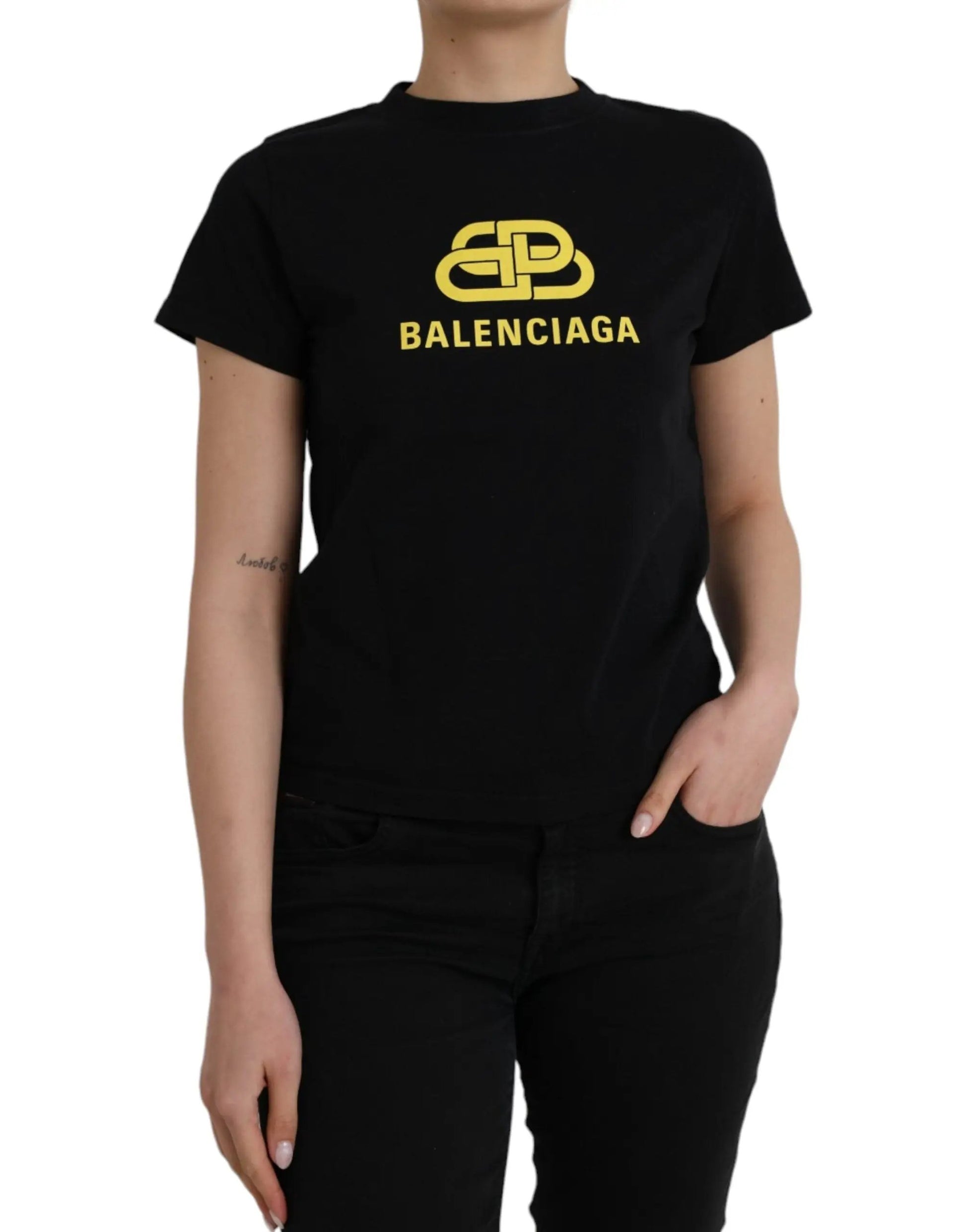 Balenciaga Black Cotton Logo Print Crew Neck Short Sleeves T-shirt by Balenciaga