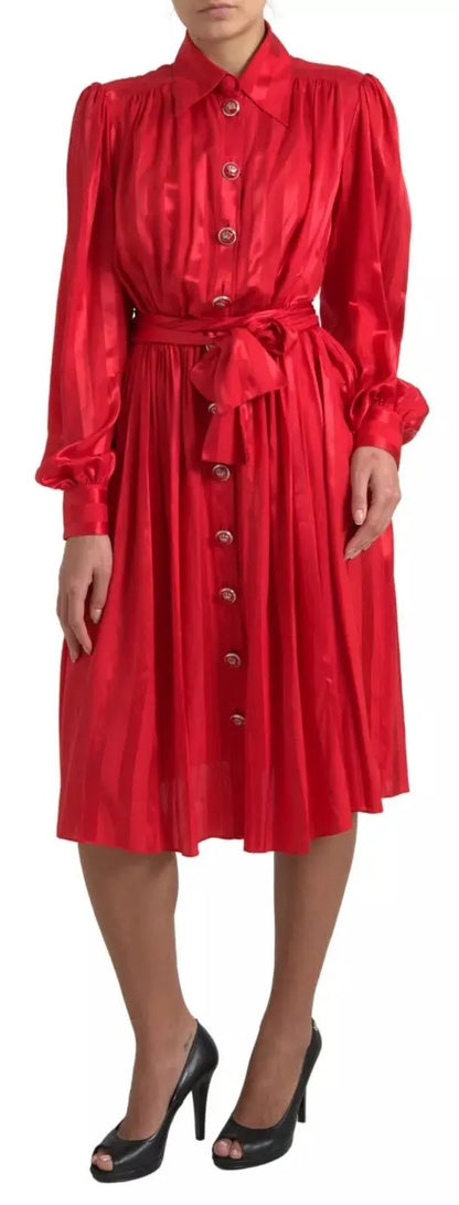 Dolce & Gabbana Red Button Down Belted Midi Satin Silk Dress by Dolce & Gabbana