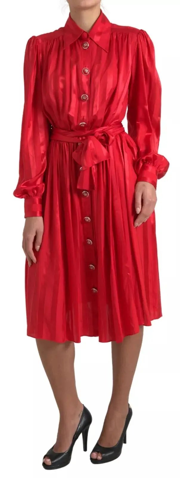 Dolce & Gabbana Red Button Down Belted Midi Satin Silk Dress by Dolce & Gabbana