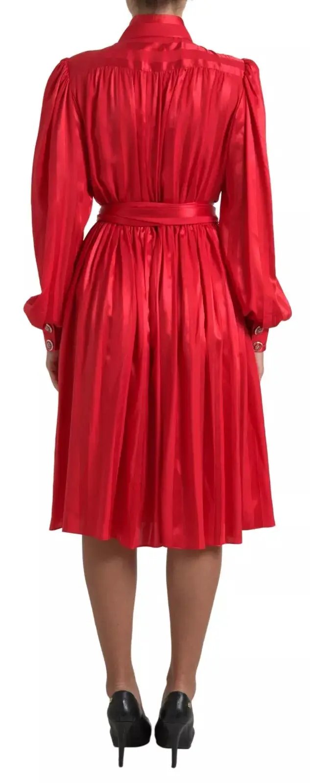 Dolce & Gabbana Red Button Down Belted Midi Satin Silk Dress by Dolce & Gabbana