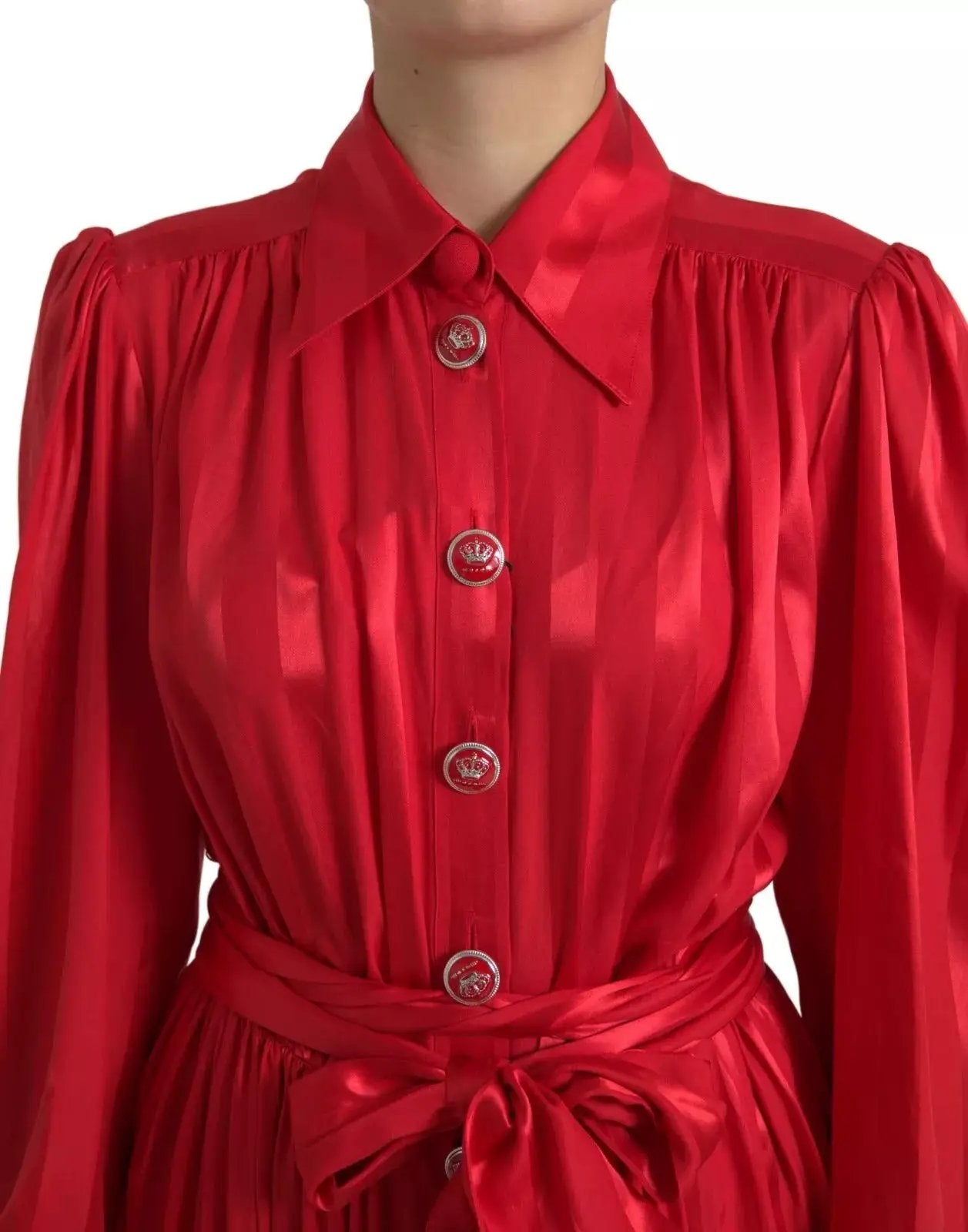 Dolce & Gabbana Red Button Down Belted Midi Satin Silk Dress by Dolce & Gabbana