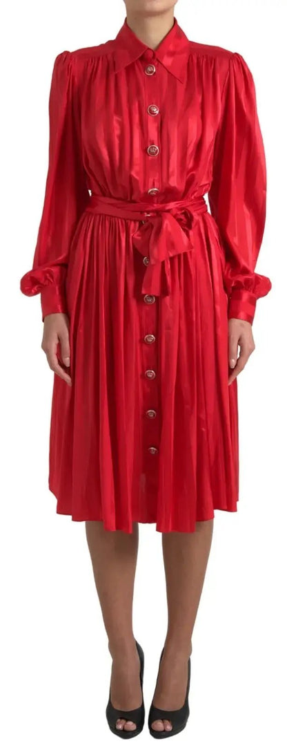 Dolce & Gabbana Red Button Down Belted Midi Satin Silk Dress by Dolce & Gabbana