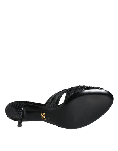 Dolce & Gabbana – Mules à Talons en Cuir de Python Noir | Semelle Cuir | Logo