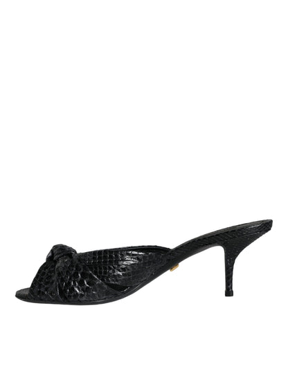 Dolce & Gabbana – Mules à Talons en Cuir de Python Noir | Semelle Cuir | Logo