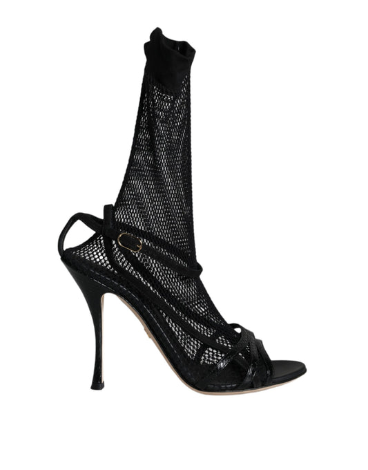 Dolce & Gabbana – Sandales Talon Aiguille Cuir & Mesh Noir Bride Cheville | Femme