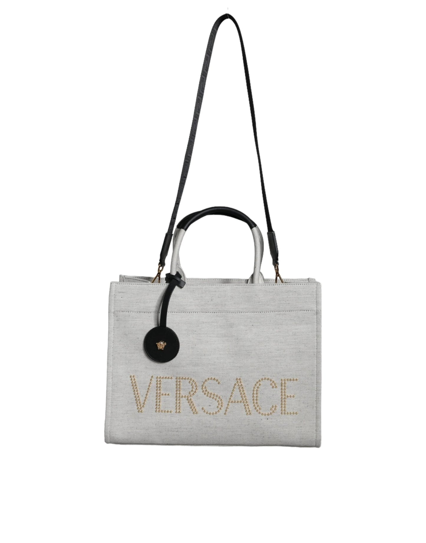 Versace White Top Handle Canvas Leather Logo Crossbody Tote Bag by Versace