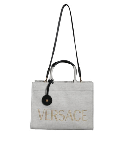Versace White Top Handle Canvas Leather Logo Crossbody Tote Bag by Versace