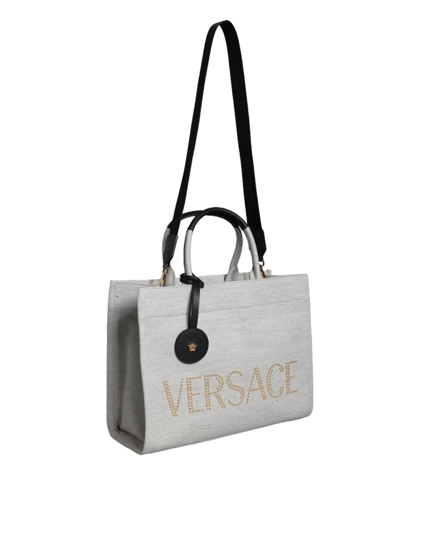 Versace White Top Handle Canvas Leather Logo Crossbody Tote Bag by Versace