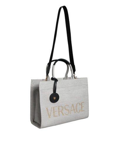 Versace White Top Handle Canvas Leather Logo Crossbody Tote Bag by Versace