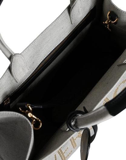Versace White Top Handle Canvas Leather Logo Crossbody Tote Bag by Versace