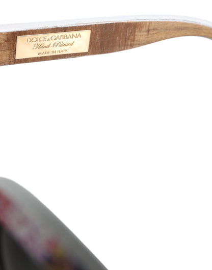 Dolce & Gabbana Multicolor Wood Crystal Brass Frame Floral Hand Paint Sunglasses by Dolce & Gabbana