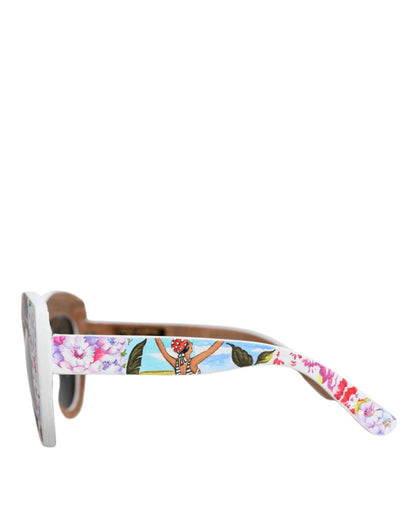 Dolce & Gabbana Multicolor Wood Crystal Brass Frame Floral Hand Paint Sunglasses by Dolce & Gabbana