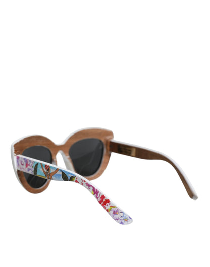Dolce & Gabbana Multicolor Wood Crystal Brass Frame Floral Hand Paint Sunglasses by Dolce & Gabbana