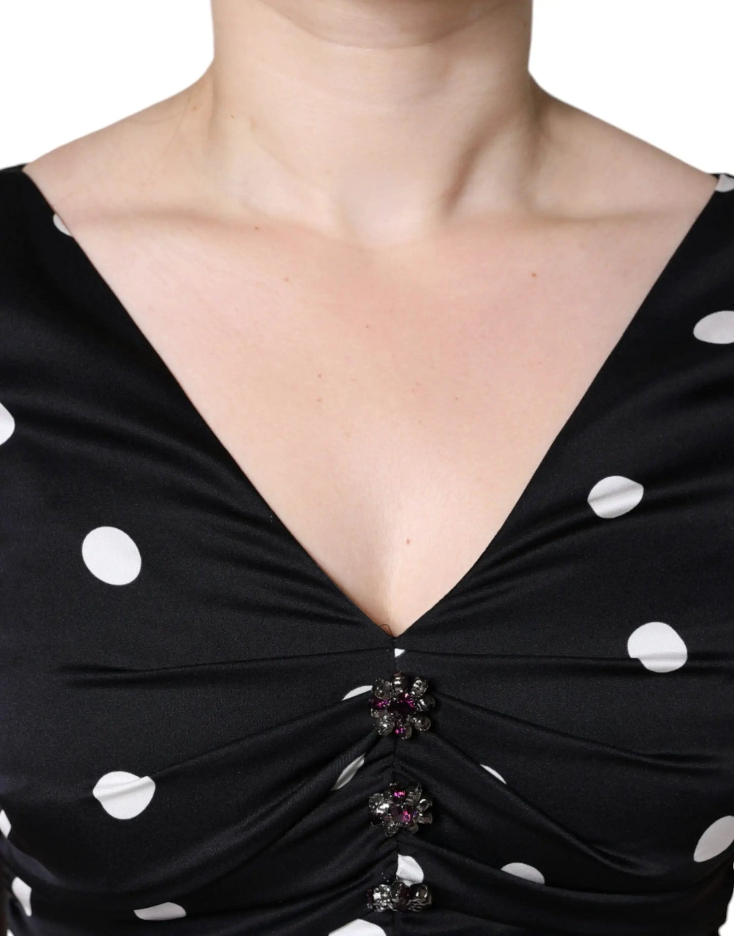 Dolce & Gabbana Black Silk Polka Dot Vneck Tassel Midi Dress by Dolce & Gabbana