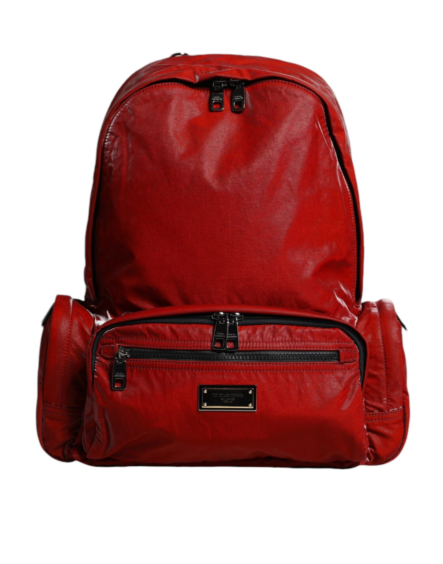 Dolce Gabbana Sac à Dos Cuir Rouge Patent Logo Plaque Luxe Avec Doublure Léopard Intérieur Fabriqué En Italie