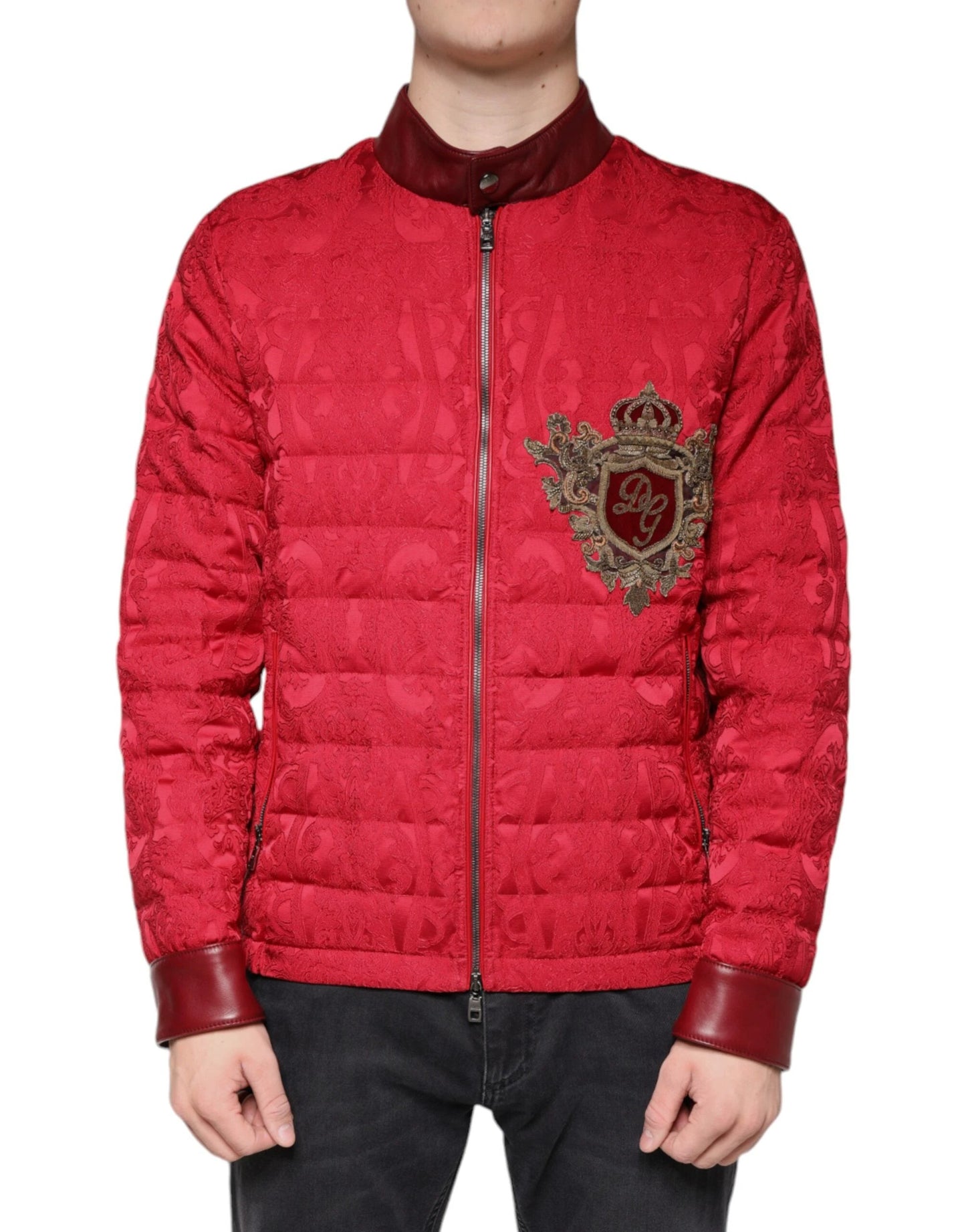Dolce & Gabbana Red Quilted Bomber Gold Crown Logo Jacket by Dolce & Gabbana