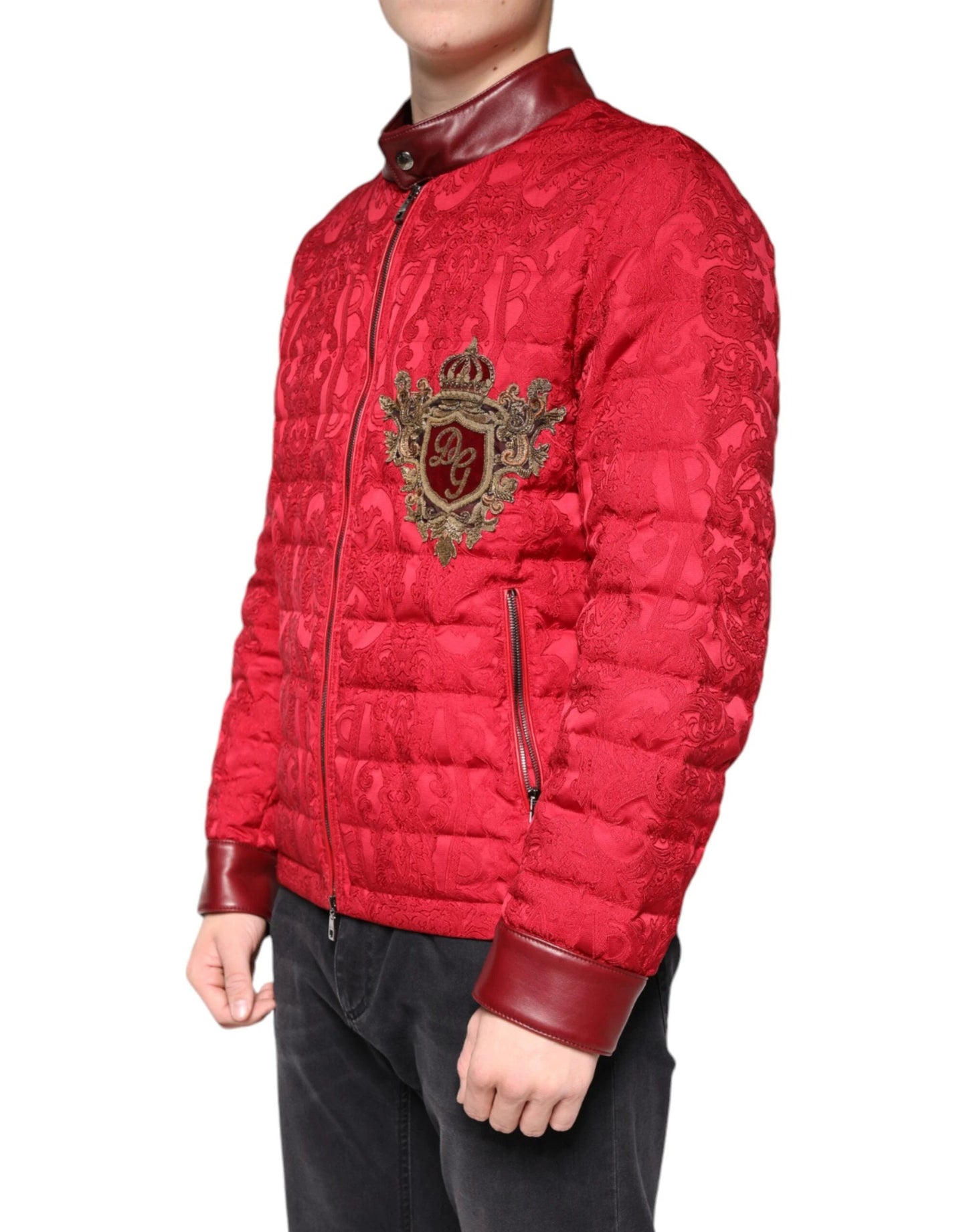 Dolce & Gabbana Red Quilted Bomber Gold Crown Logo Jacket by Dolce & Gabbana