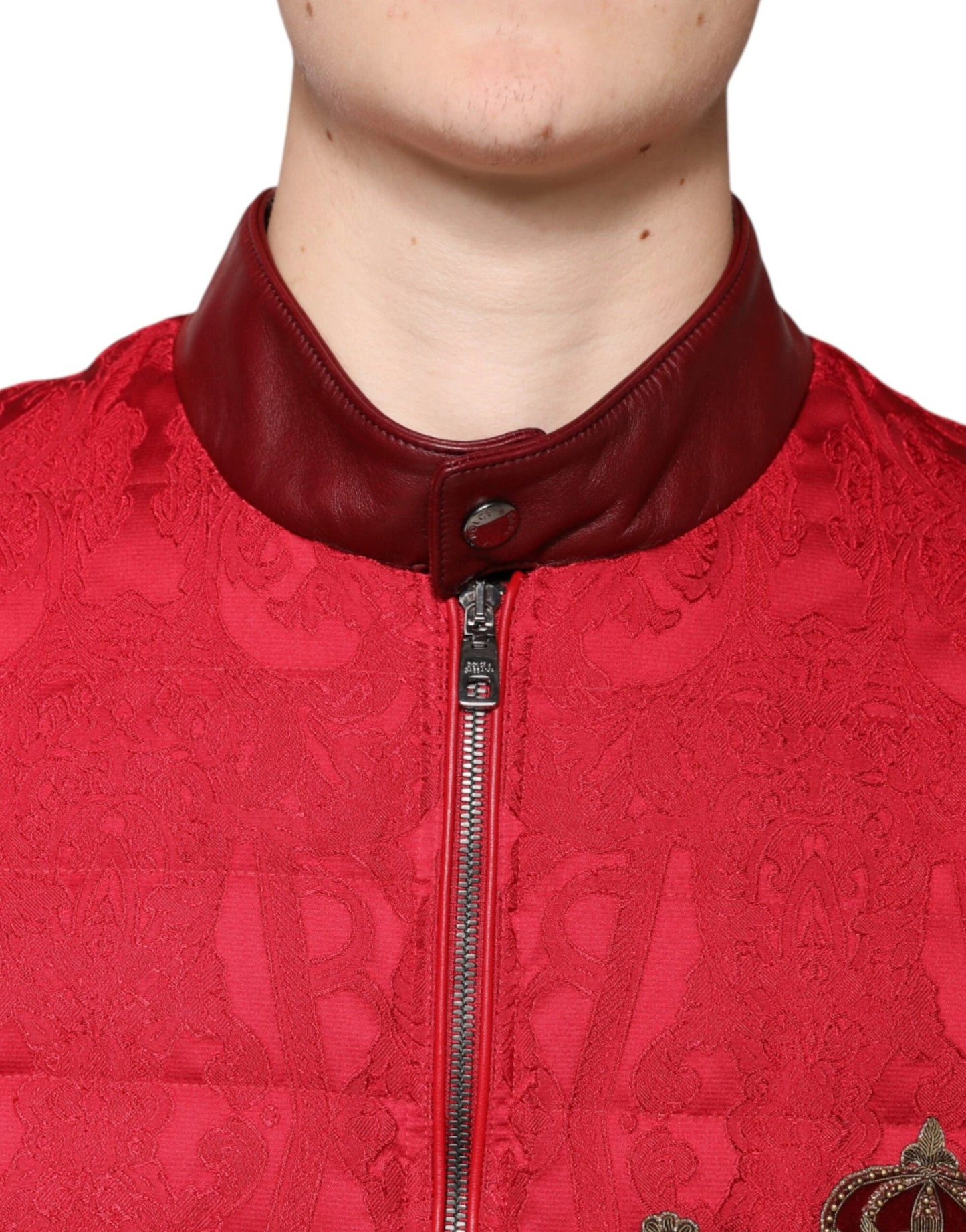 Dolce & Gabbana Red Quilted Bomber Gold Crown Logo Jacket by Dolce & Gabbana