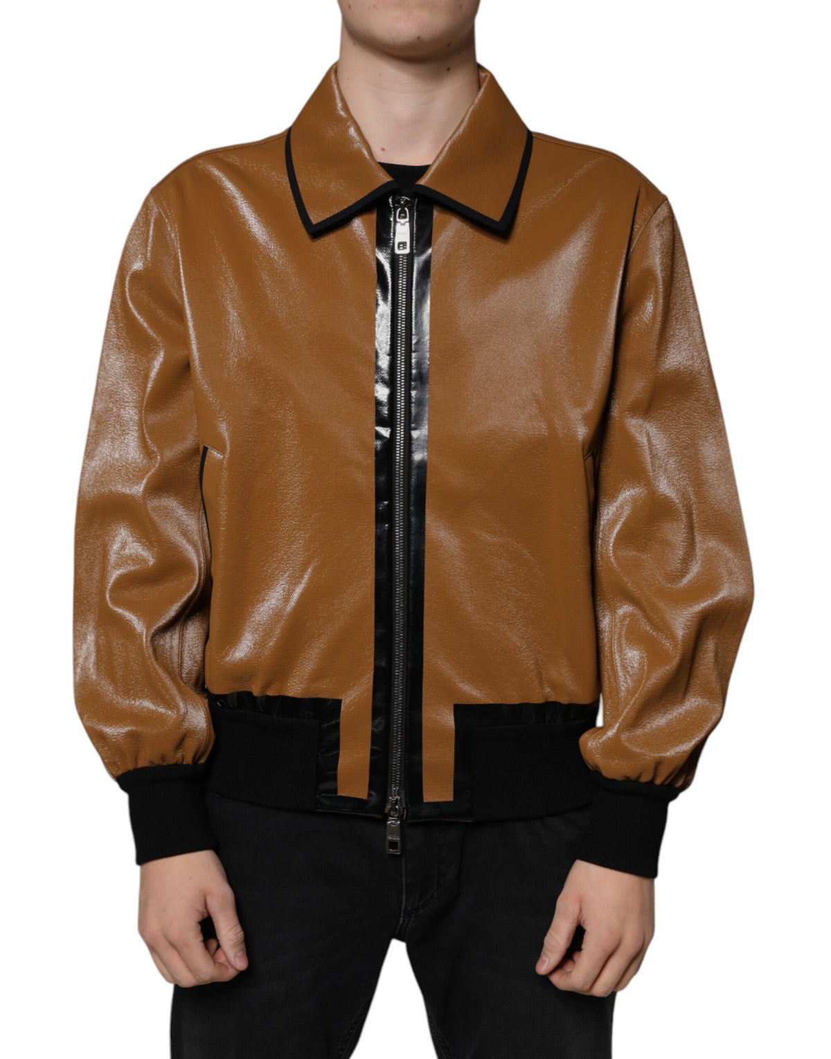 Veste Dolce & Gabbana homme zippée en cuir marron – JKT41576