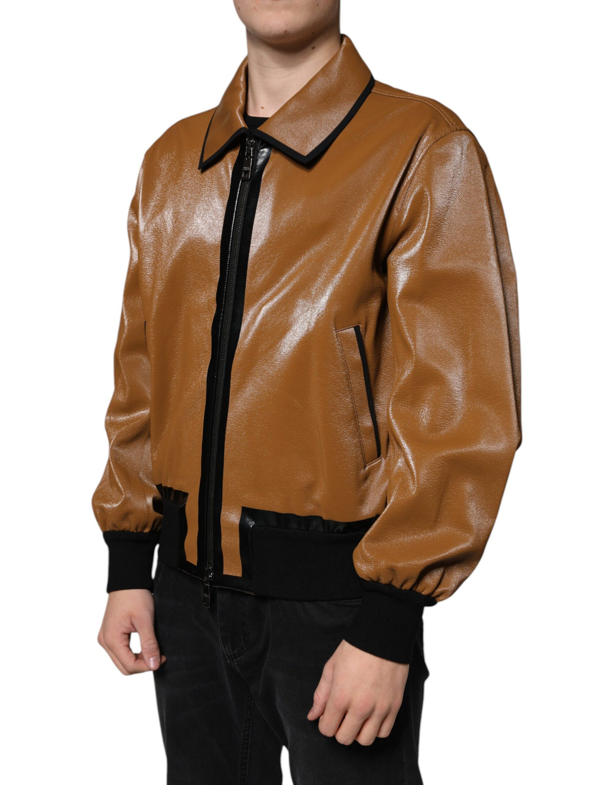 Veste Dolce & Gabbana homme zippée en cuir marron – JKT41576