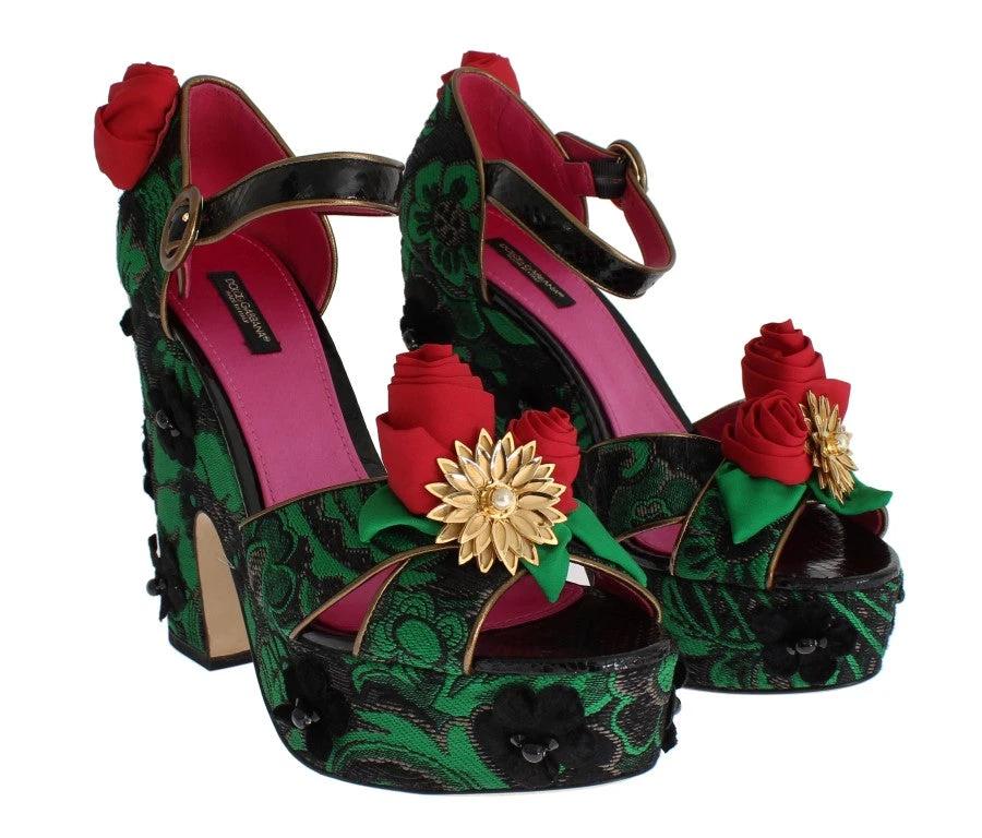 Dolce & Gabbana Green Brocade Snakeskin Roses Crystal Shoes by Dolce & Gabbana