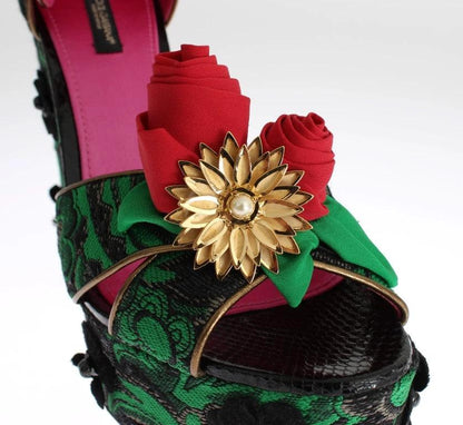 Dolce & Gabbana Green Brocade Snakeskin Roses Crystal Shoes by Dolce & Gabbana