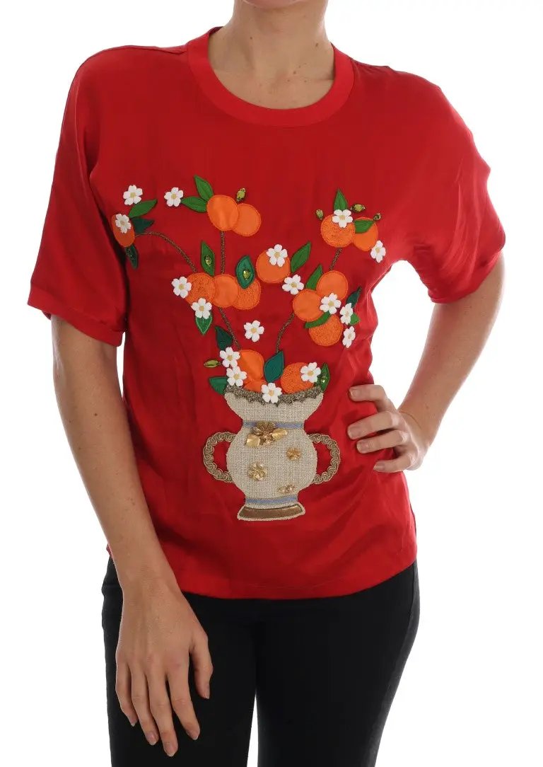 Dolce & Gabbana Red Silk Orange Vase Crystal Top by Dolce & Gabbana