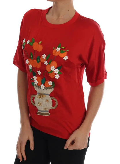 Dolce & Gabbana Red Silk Orange Vase Crystal Top by Dolce & Gabbana