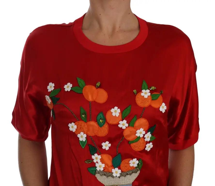 Dolce & Gabbana Red Silk Orange Vase Crystal Top by Dolce & Gabbana
