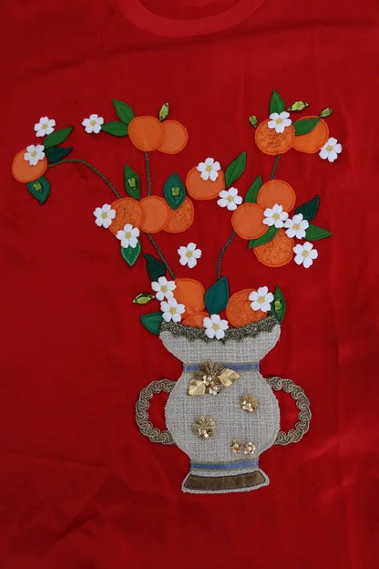 Dolce & Gabbana Red Silk Orange Vase Crystal Top by Dolce & Gabbana