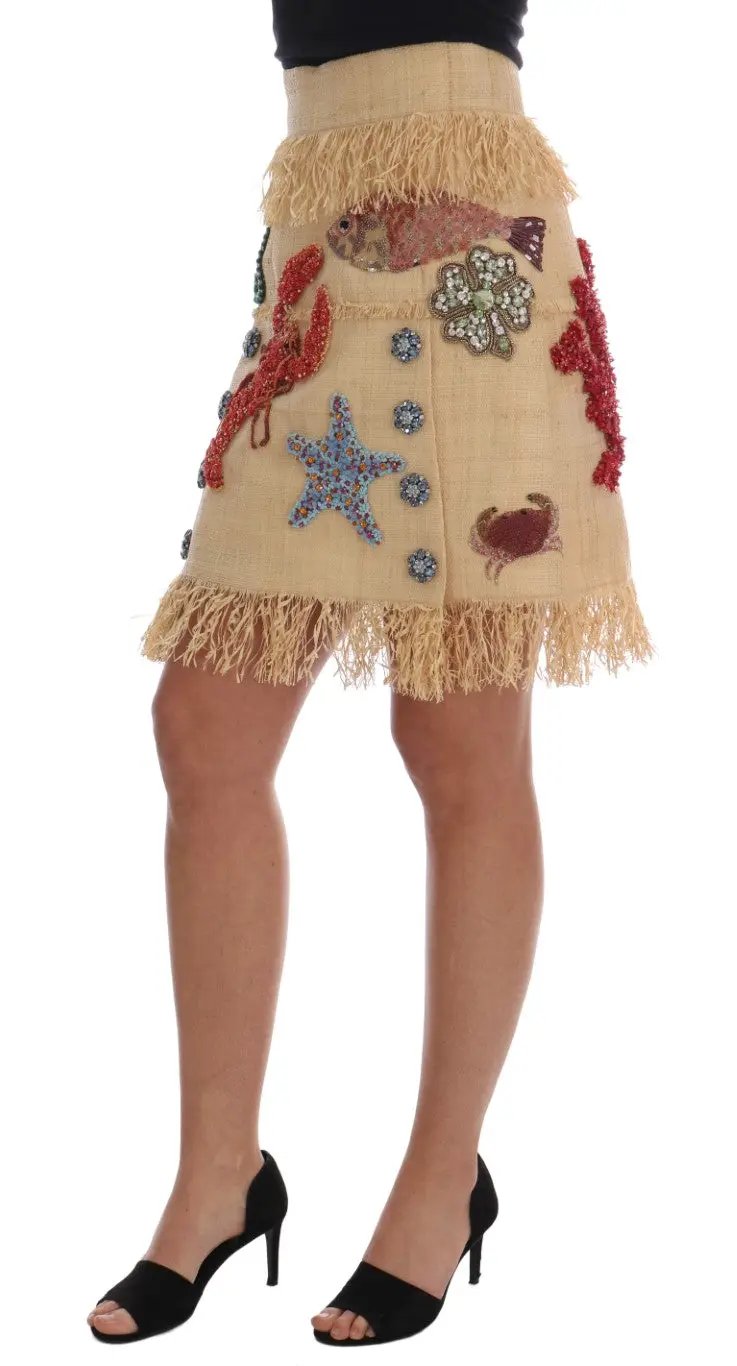 Dolce & Gabbana Crystal Beige Palm Fiber Skirt by Dolce & Gabbana
