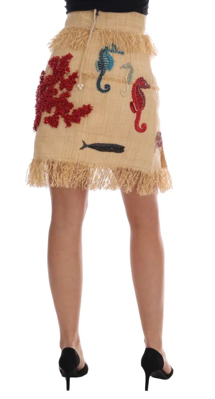 Dolce & Gabbana Crystal Beige Palm Fiber Skirt by Dolce & Gabbana