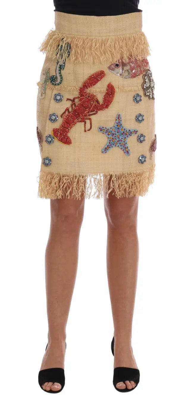 Dolce & Gabbana Crystal Beige Palm Fiber Skirt by Dolce & Gabbana