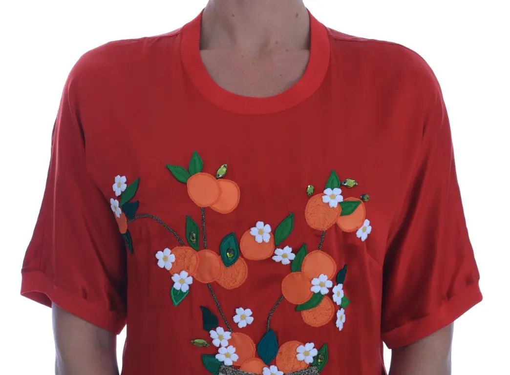 Dolce & Gabbana Red Silk Oranges Floral Crystal Blouse by Dolce & Gabbana