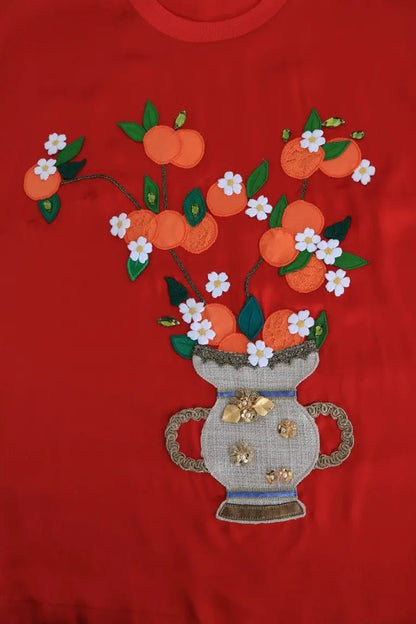 Dolce & Gabbana Red Silk Oranges Floral Crystal Blouse by Dolce & Gabbana