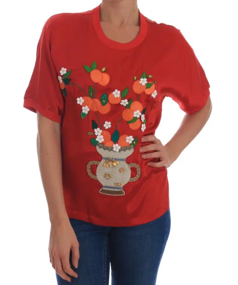 Dolce & Gabbana Red Silk Oranges Floral Crystal Blouse by Dolce & Gabbana