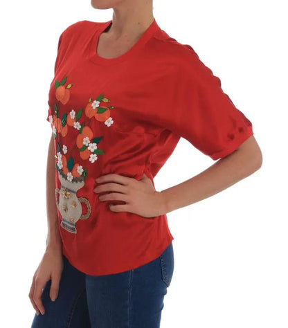 Dolce & Gabbana Red Silk Oranges Floral Crystal Blouse by Dolce & Gabbana