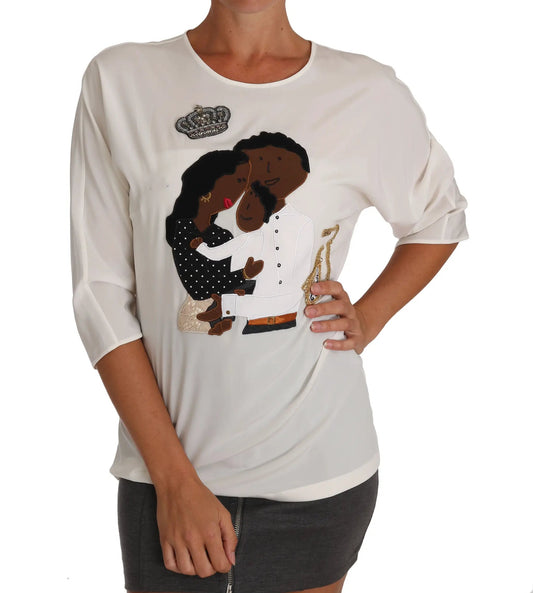 Dolce & Gabbana White Silk #dgfamily Crystal T-shirt by Dolce & Gabbana