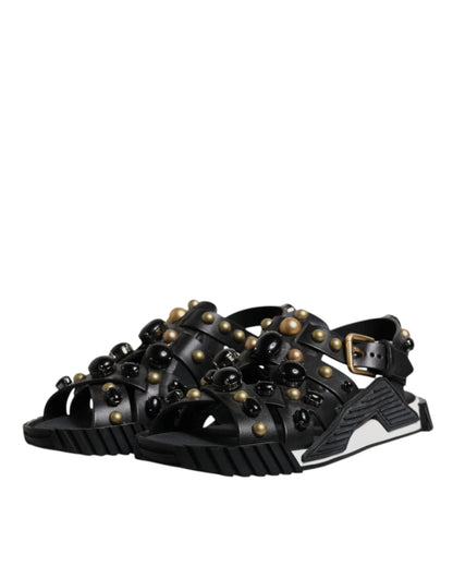 Dolce & Gabbana Black Leather Studded Slides Sandals Shoes by Dolce & Gabbana