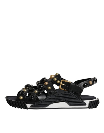 Dolce & Gabbana Black Leather Studded Slides Sandals Shoes by Dolce & Gabbana