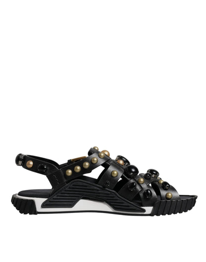 Dolce & Gabbana Black Leather Studded Slides Sandals Shoes by Dolce & Gabbana